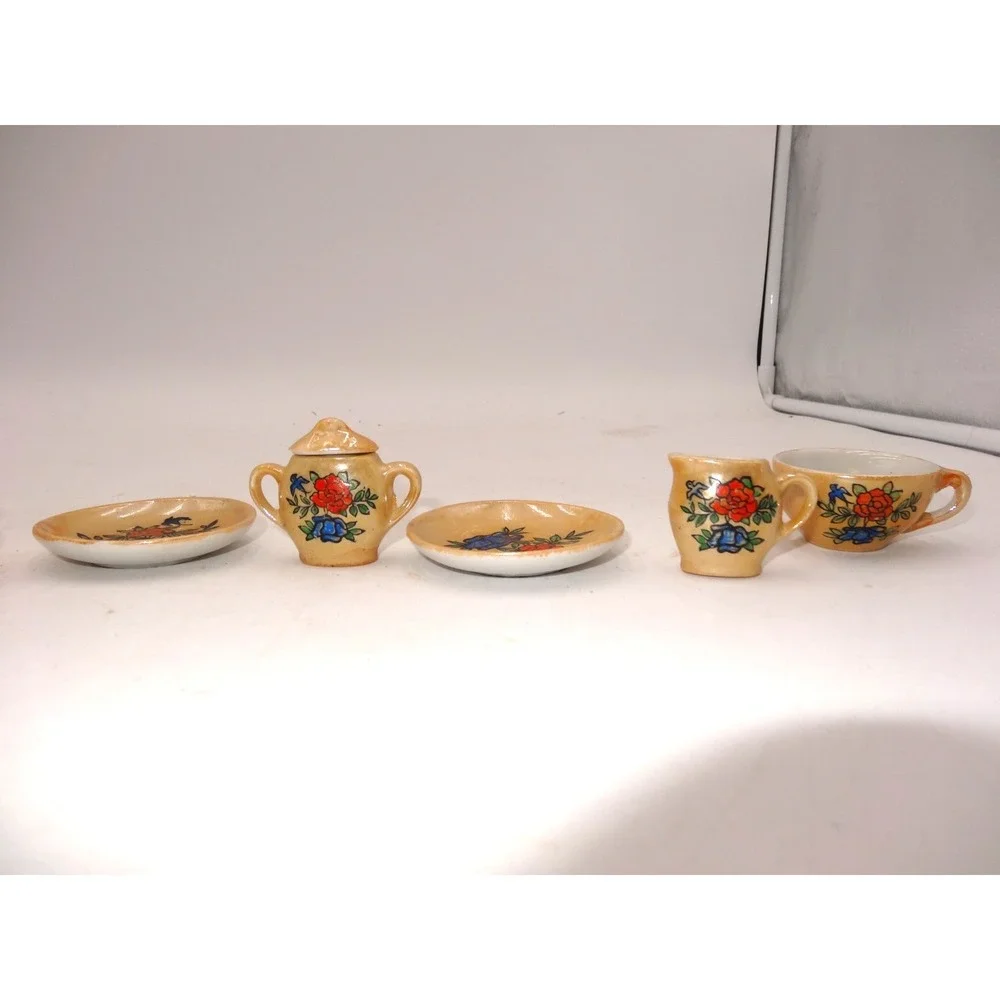 Vintage Lusterware Childs Floral Porcelain 10 Piece Orange/Peach &‎ Blue TeaSet